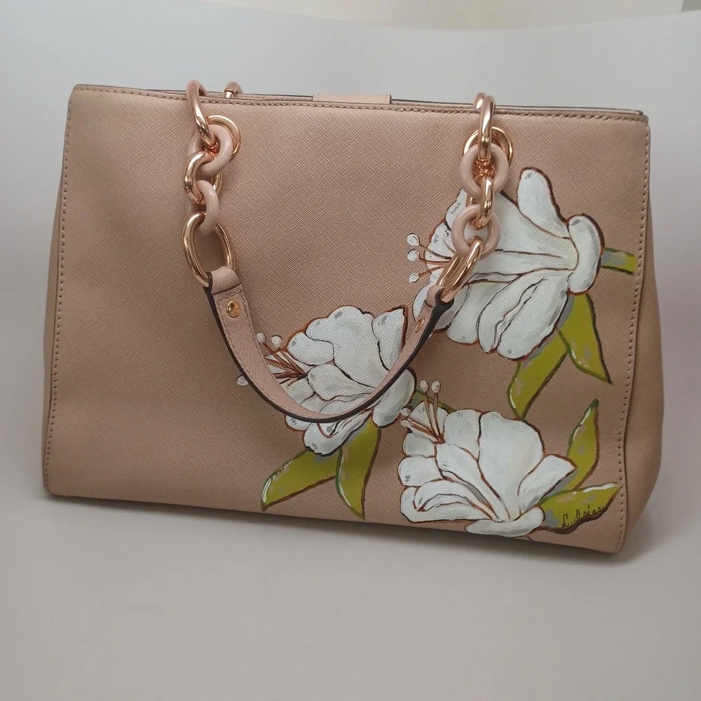 Michael Kors Cynthia Tote Neutral Tan Saffiano Leather Hand Painted Floral Bag